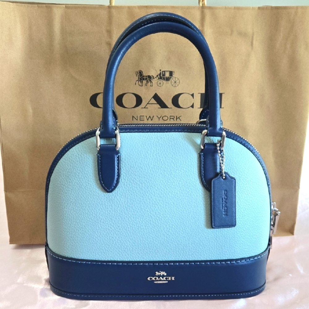 NWT Coach Leather Sabrina Satchel Bag In Colorblock Light/Deep Blue PRICE FIRM
